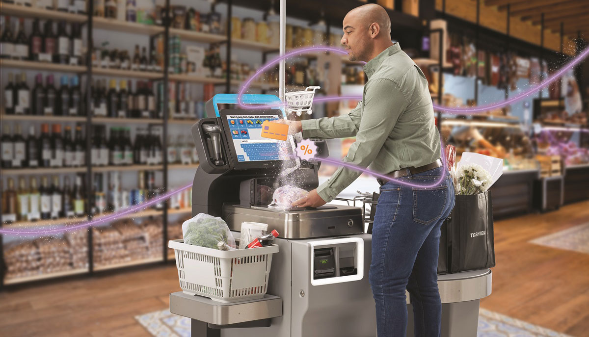 A man using a Toshiba system 7 self check out unit with a magical purple energy flying around him A man using a Toshiba system 7 self check out unit with a magical purple energy flying around him