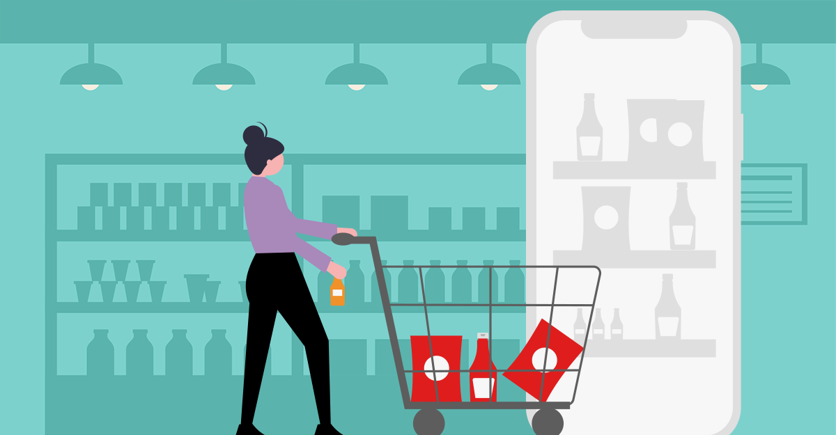 Drawing of a a woman pushing a shopping cart with a huge mobile phone in the background