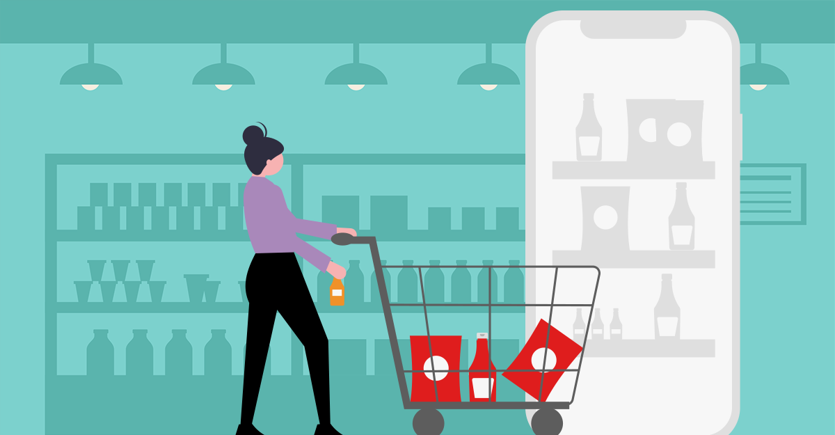Drawing of a a woman pushing a shopping cart with a huge mobile phone in the background Drawing of a a woman pushing a shopping cart with a huge mobile phone in the background